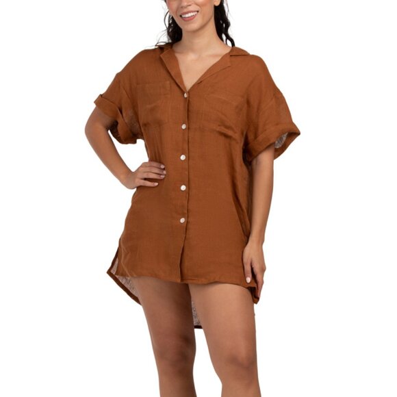 VITAMIN A Cocoa Brown Linen Playa Pocket Cover-up Blouse - Picture 1 of 2